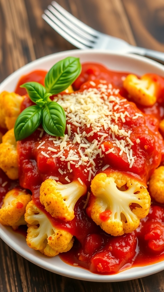 Baked cauliflower parmesan with marinara sauce and melted cheese, garnished with basil on a rustic table.